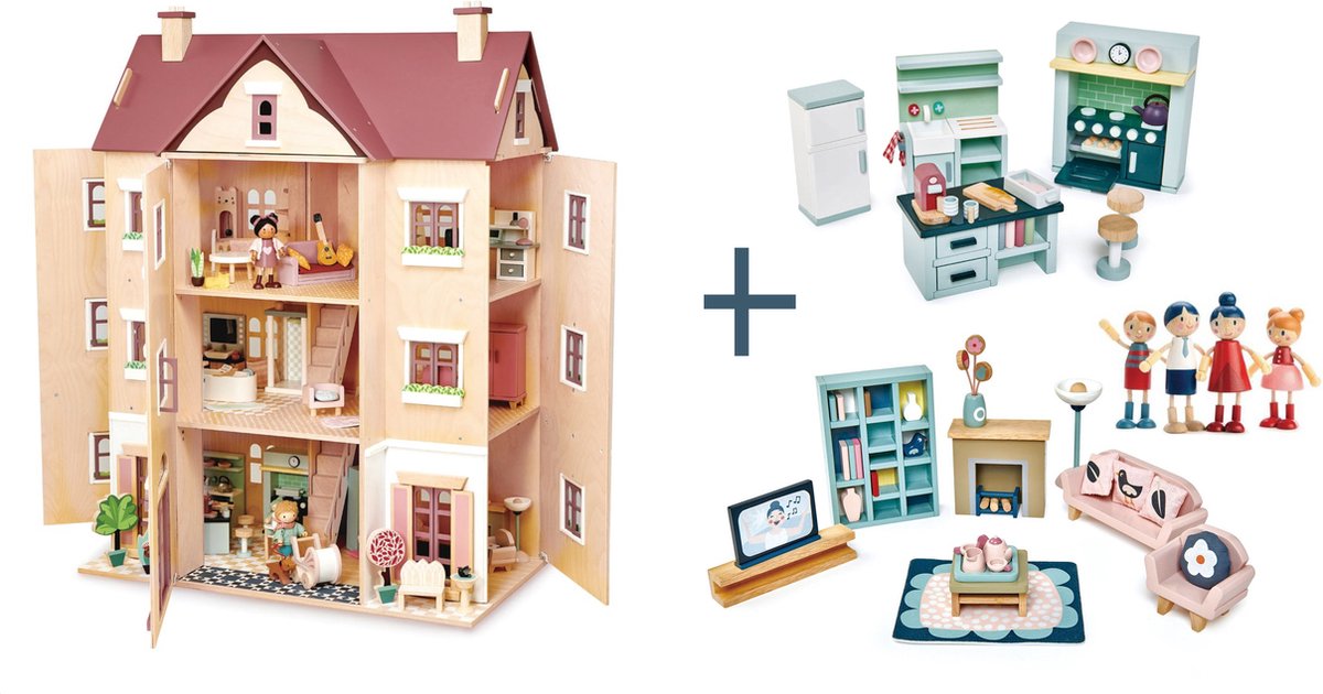 [C] Tender Leaf uniek houten poppenhuis Hall Fantail XXL 3 verdiepingen inclusief houten poppen familie woonkamer en keuken meubels - 40 x 72 x 90 cm cm